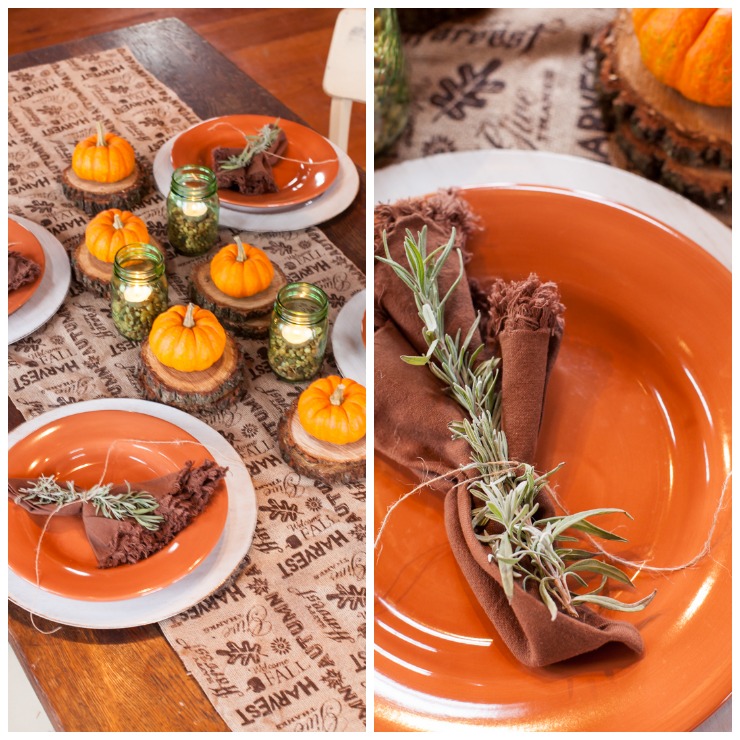 Easy Last Minute Thanksgiving Table Using Pebbles, Rosemary, Burlap, Wood, Pumpkins, and Candles | creativecaincabin.com