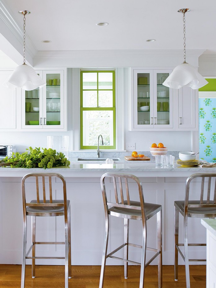 White Kitchen | Farmhouse Style | Exposed Beam Ceiling | Black and White Checked Floor | White Appliances | GE Appliances | #OurAmericanKitchen | #ad  | CreativeCainCabin.com