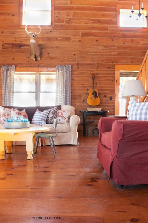 Fall Log Home Living Room Tour Using Rust, Gray, Brown, Yellow, and Pops of Turquoise