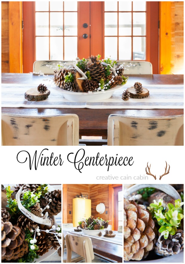 Winter Centerpiece Using a Variety of Pine Cones, Boxwood Clippings, Deer Antlers, Wood Slices and Faux White Berries
