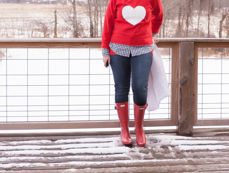 Red Hunter Boots with a DIY Valentine Heart Sweatshirt | Tutorial and Material List Included for this How To