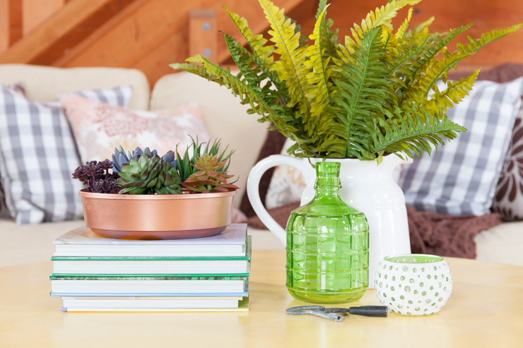 Coffee Table Decorating Using the 4 Square Method | Coffee Table Vignette Using Succulents, Ferns, Books for Height, and Green Glassware 