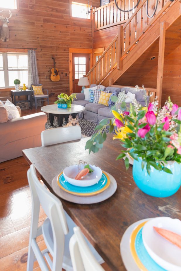Spring Home Tour, Log Home Using Blues Greens and a Pop of Yellow