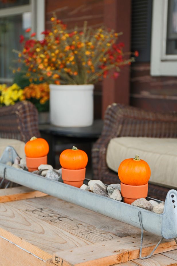 Rustic Fall Porch of a Log Home Decorated With Mums and Pumpkins