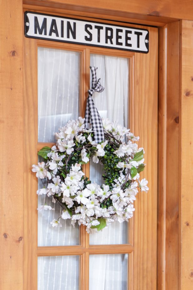 DIY Apple Blossom Wreath with Black and White Gingham Ribbon. No Tools, no Glue Gun Required Project. Can be Assembled in Under 10 Minutes. Farmhouse Look.