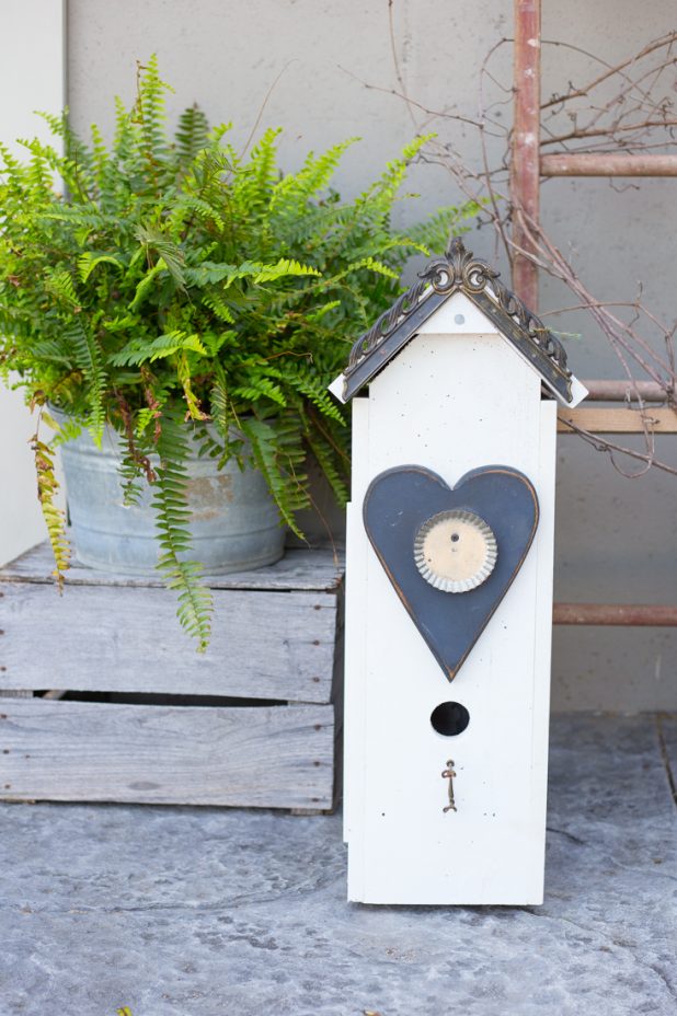 Junk Farmhouse Birdhouse Art. Don't throw away your scraps, recycle them into birdhouses for your landscaping. 