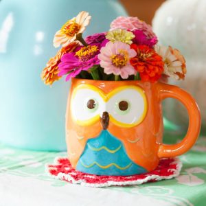 Owl Coffee Mug Used as a Vase for Zinnias | CreativeCainCabin.com