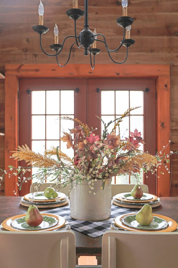 Fall Centerpiece Using Natural Elements, Crocks, Gingham, Layered Dinnerware, Farmhouse Decor. Open Shelving 
