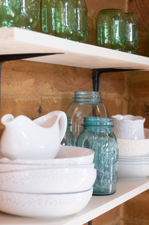 Blue Mason Jars, Open Farmhouse Shelves, Farmhouse Style, Green Mason Jars