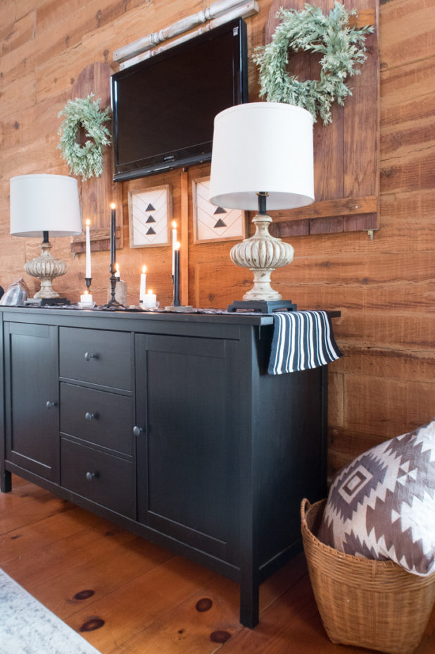 Log Home, Farmhouse Style Decor, Black and White Decor, Decorating Around a TV, Spruce Up An Ikea Piece, Custom DIY Table Runner Tutorial
