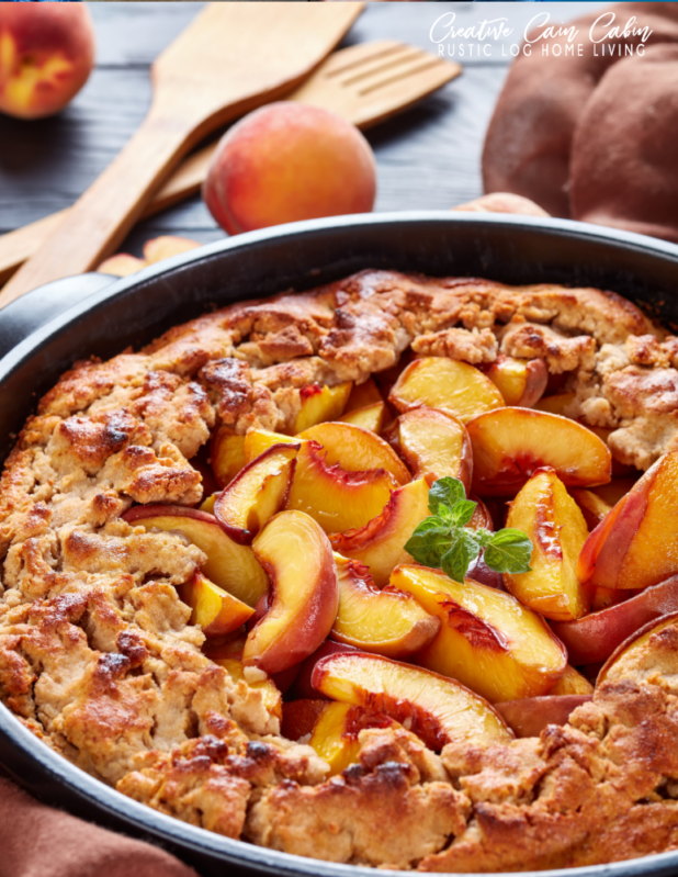 Keto Peach Cobbler, Organic Peaches, Baking in Cast Iron Fry Pan