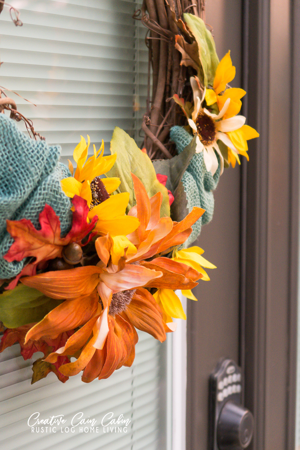 Fall Patio Decor, Painted French Doors, Pumpkins, Sunflowers, Log Home