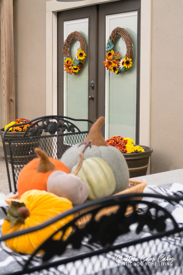 Fall Patio Decor, Painted French Doors, Pumpkins, Sunflowers, Log Home
