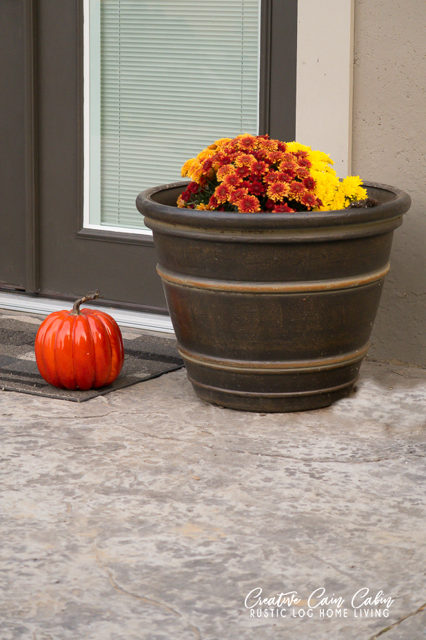Fall Patio Decor, Painted French Doors, Pumpkins, Sunflowers, Log Home