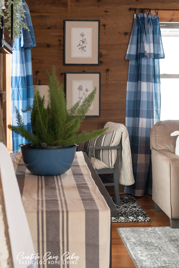 Log Cabin, Log Home, Blue and Green Decor, Neutrals, Painted Green Door, Tablecloth Curtains, Rustic