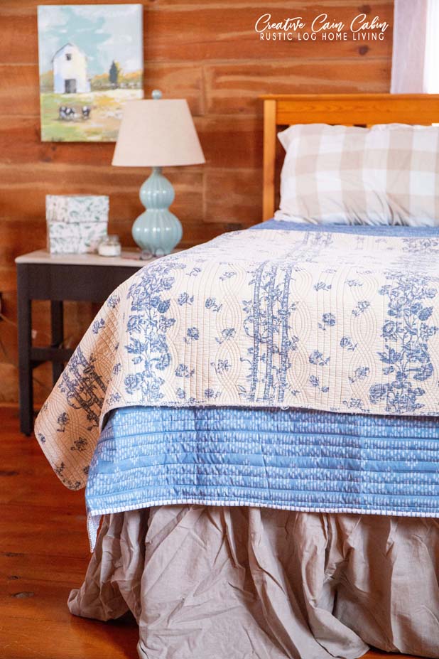 Log Home, Master Bedroom, Blue Decor, Linen Bedskirt, Pine Flooring