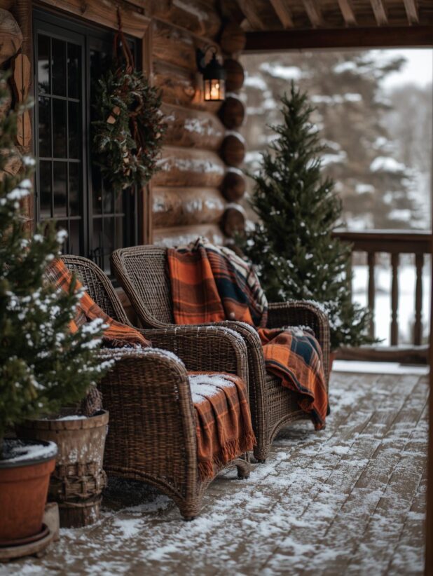 Rustic winter porch decorating