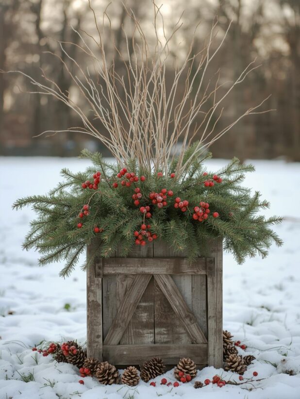 Rustic Fall Planter, Rustic Winter Planter. One Pot Two Seasons