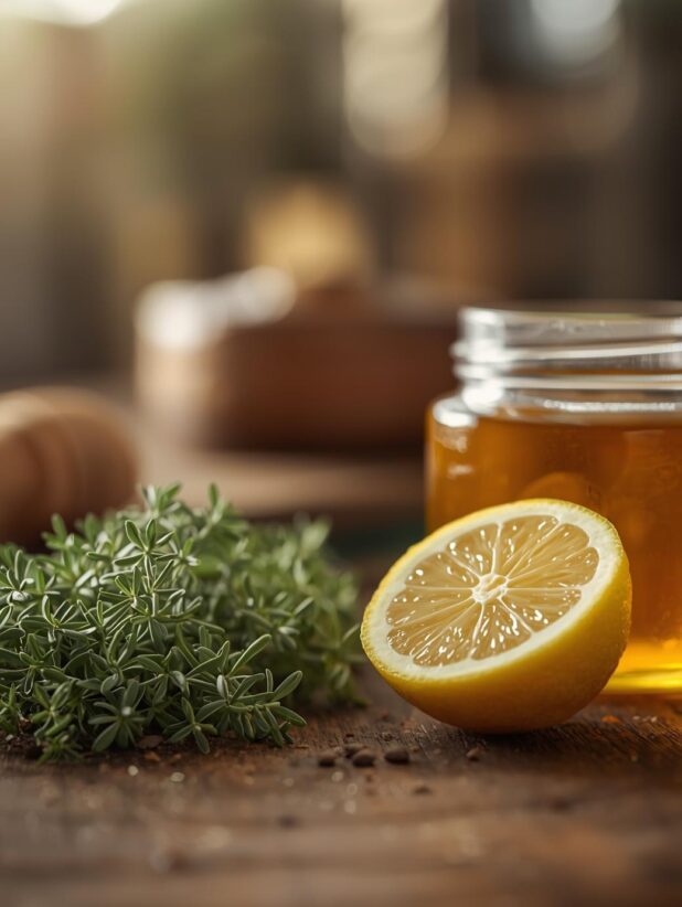 DIY herbal cough syrup using thyme, lemon, and local honey.