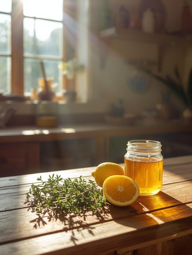 DIY herbal cough syrup with thyme, lemone, and honey