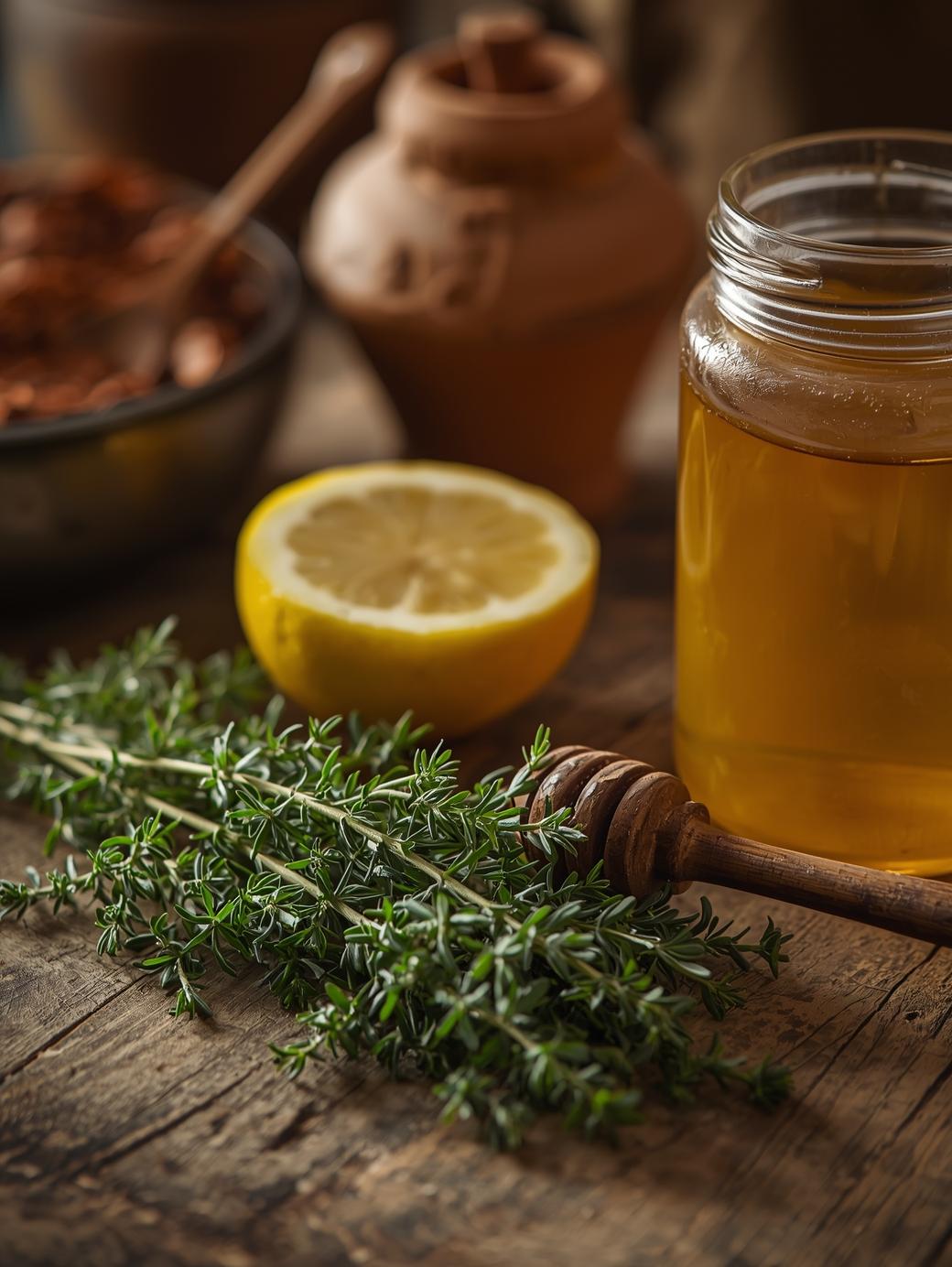 DIY HERBAL COUGH SYRUP remedy with THYME, LEMON, And HONEY